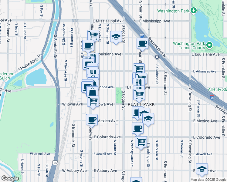 map of restaurants, bars, coffee shops, grocery stores, and more near 1548 South Sherman Street in Denver