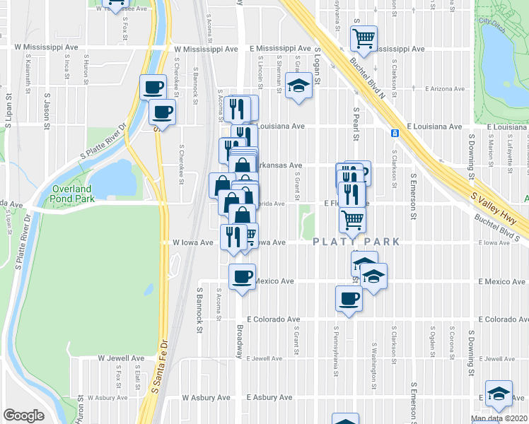 map of restaurants, bars, coffee shops, grocery stores, and more near 1545 South Lincoln Street in Denver