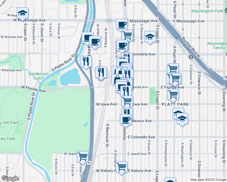 map of restaurants, bars, coffee shops, grocery stores, and more near 150 West Florida Avenue in Denver