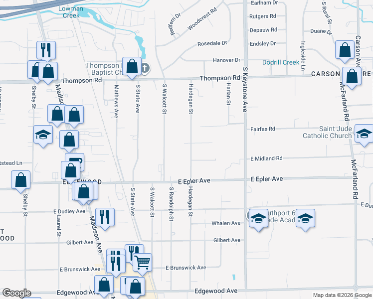 map of restaurants, bars, coffee shops, grocery stores, and more near 5110 Hardegan Street in Indianapolis