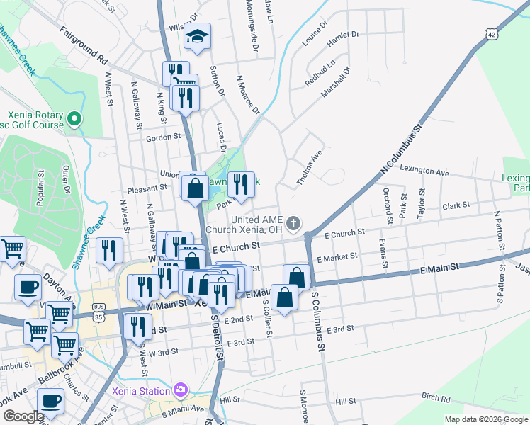 map of restaurants, bars, coffee shops, grocery stores, and more near 221 Garfield Avenue in Xenia