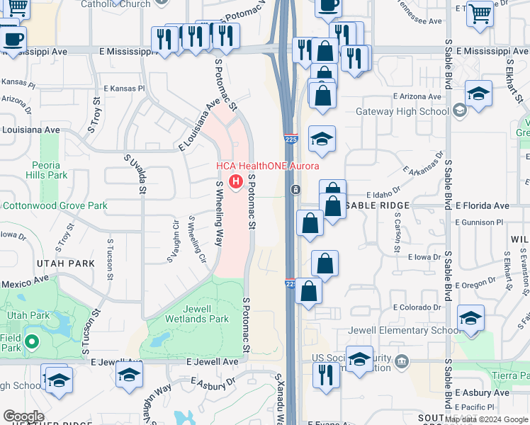 map of restaurants, bars, coffee shops, grocery stores, and more near 1550 South Potomac Street in Aurora