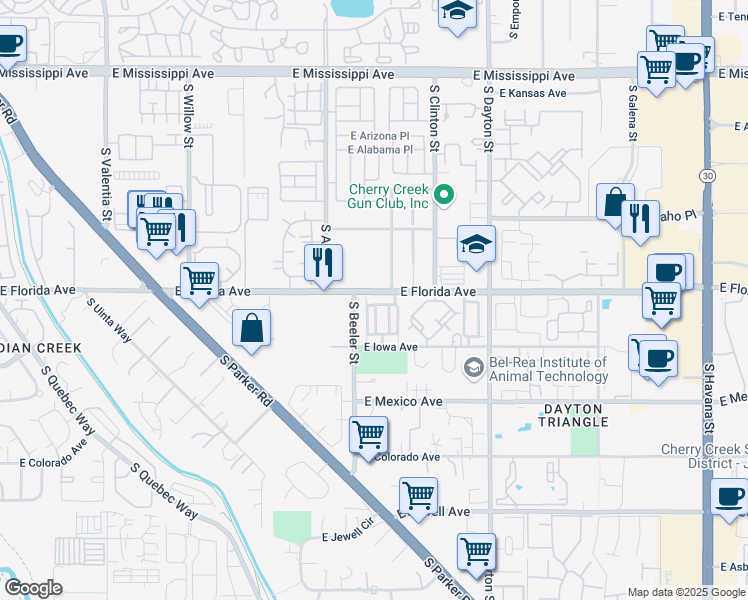 map of restaurants, bars, coffee shops, grocery stores, and more near 9 East Florida Avenue in Denver