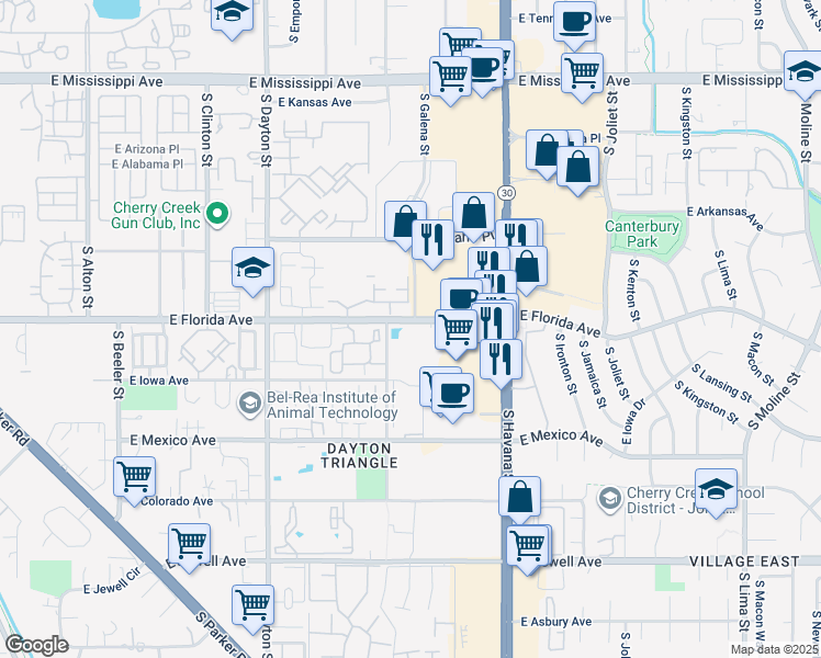 map of restaurants, bars, coffee shops, grocery stores, and more near 1503 South Galena Way in Aurora