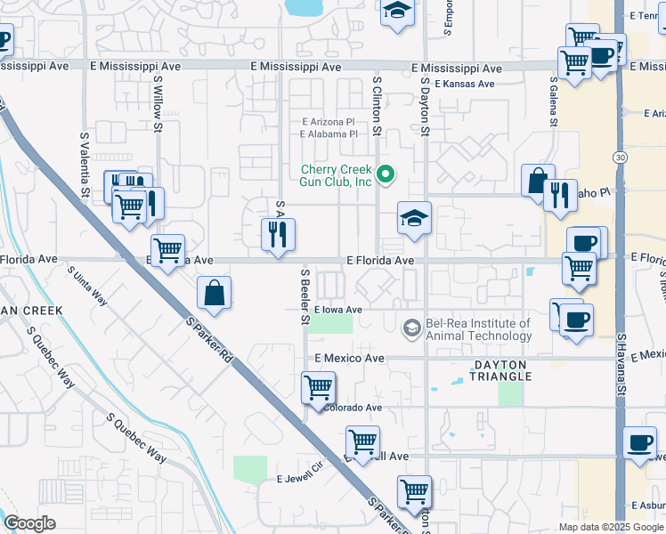 map of restaurants, bars, coffee shops, grocery stores, and more near 9300 East Florida Avenue in Denver