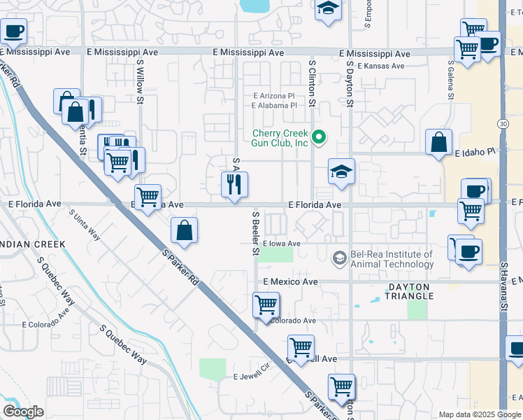 map of restaurants, bars, coffee shops, grocery stores, and more near 23 South Beeler Street in Denver