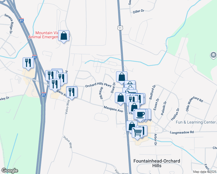 map of restaurants, bars, coffee shops, grocery stores, and more near 18611 Orchard Hills Parkway in Hagerstown