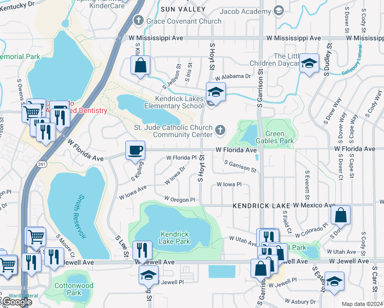 map of restaurants, bars, coffee shops, grocery stores, and more near 9591 West Florida Place in Lakewood