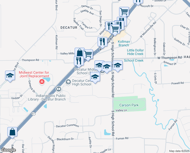 map of restaurants, bars, coffee shops, grocery stores, and more near 5108 South High School Road in Indianapolis