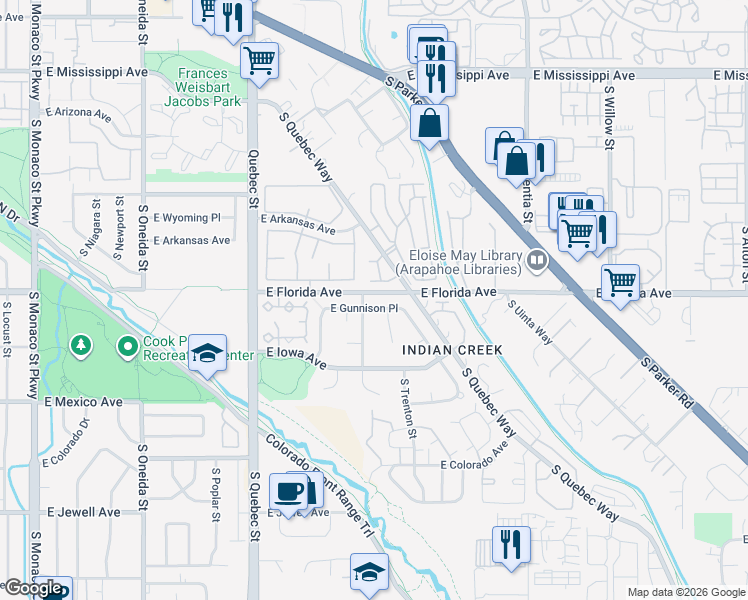 map of restaurants, bars, coffee shops, grocery stores, and more near 1557 South Spruce Street in Denver