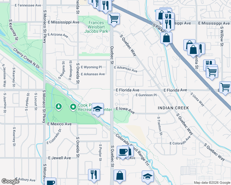 map of restaurants, bars, coffee shops, grocery stores, and more near 7373 East Iowa Avenue in Denver