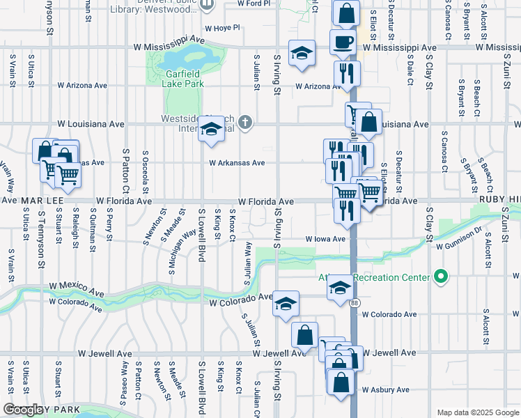 map of restaurants, bars, coffee shops, grocery stores, and more near 3300 West Florida Avenue in Denver
