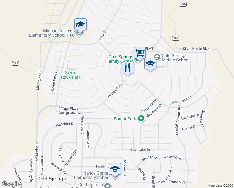 map of restaurants, bars, coffee shops, grocery stores, and more near 18224 Silverleaf Court in Reno