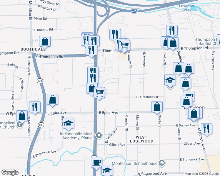 map of restaurants, bars, coffee shops, grocery stores, and more near 5301 Turtle Creek Drive South in Indianapolis