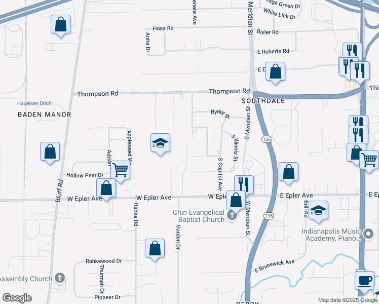 map of restaurants, bars, coffee shops, grocery stores, and more near 233 West Midland Road in Indianapolis
