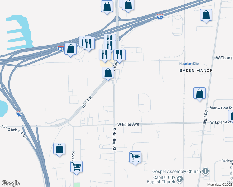 map of restaurants, bars, coffee shops, grocery stores, and more near 5245 South Harding Street in Indianapolis
