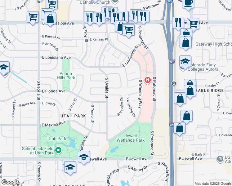 map of restaurants, bars, coffee shops, grocery stores, and more near 13171 East Florida Avenue in Aurora