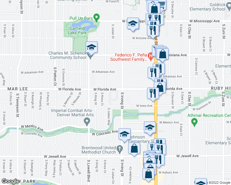 map of restaurants, bars, coffee shops, grocery stores, and more near 3300 West Florida Avenue in Denver