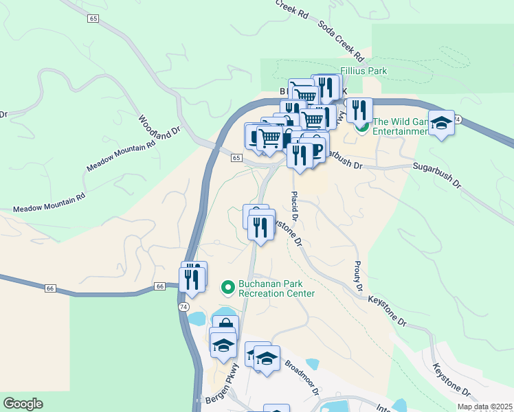 map of restaurants, bars, coffee shops, grocery stores, and more near 1521 Bergen Parkway in Golden