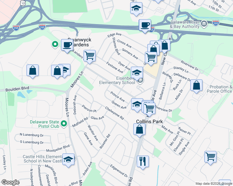 map of restaurants, bars, coffee shops, grocery stores, and more near 6 South Glen Avenue in New Castle
