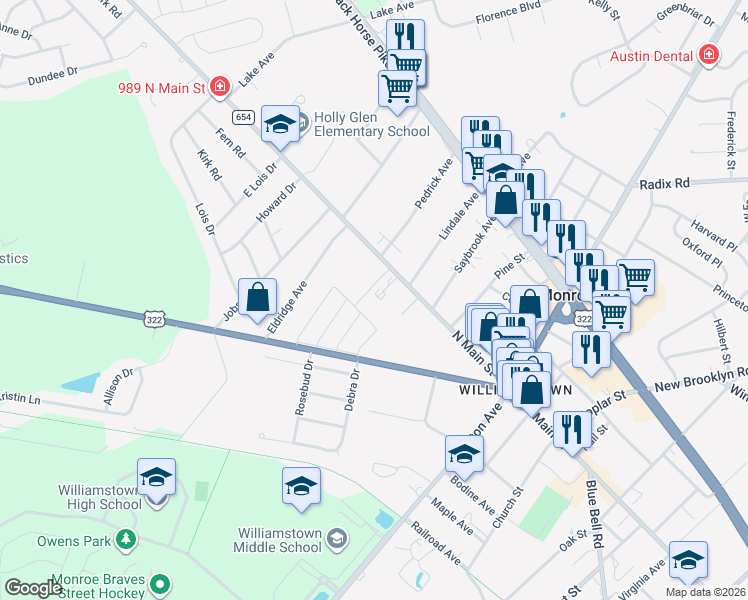 map of restaurants, bars, coffee shops, grocery stores, and more near 375 North Main Street in Monroe Township
