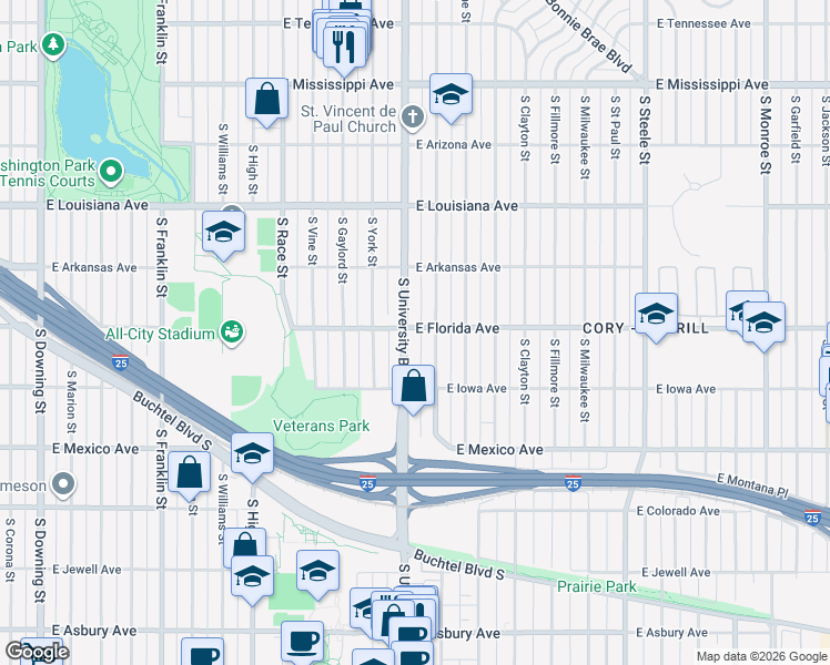 map of restaurants, bars, coffee shops, grocery stores, and more near 1543 South University Boulevard in Denver