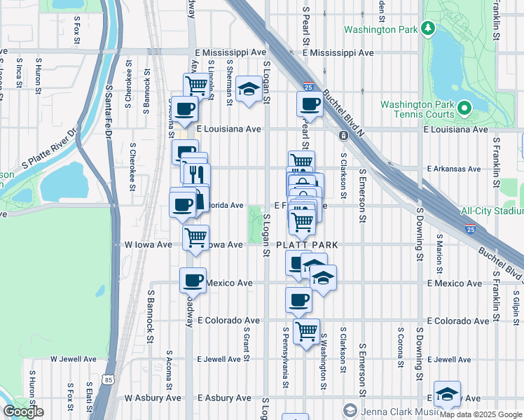 map of restaurants, bars, coffee shops, grocery stores, and more near 1501 South Logan Street in Denver