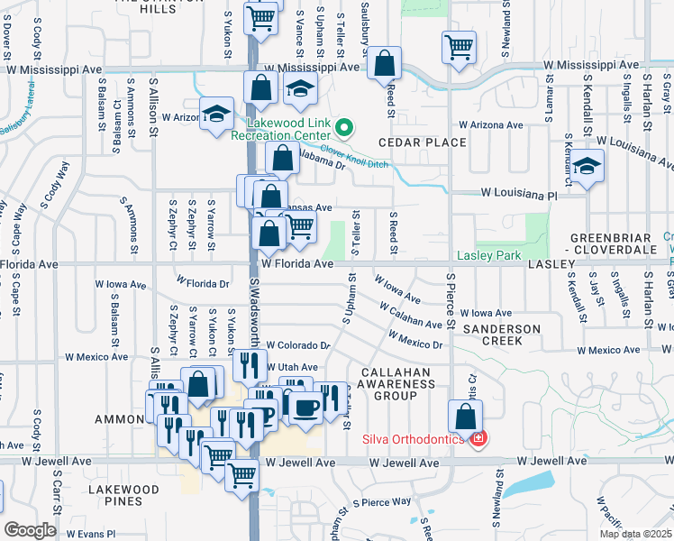 map of restaurants, bars, coffee shops, grocery stores, and more near 7280 West Calahan Avenue in Lakewood