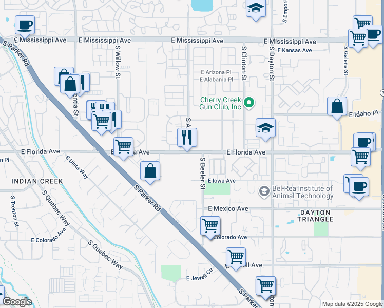 map of restaurants, bars, coffee shops, grocery stores, and more near 23 South Beeler Street in Denver