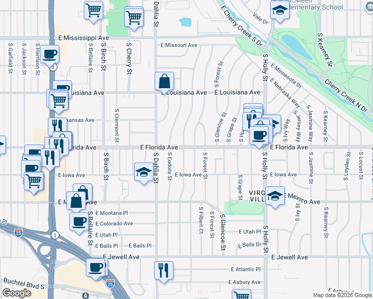 map of restaurants, bars, coffee shops, grocery stores, and more near 1535 South Elm Street in Denver