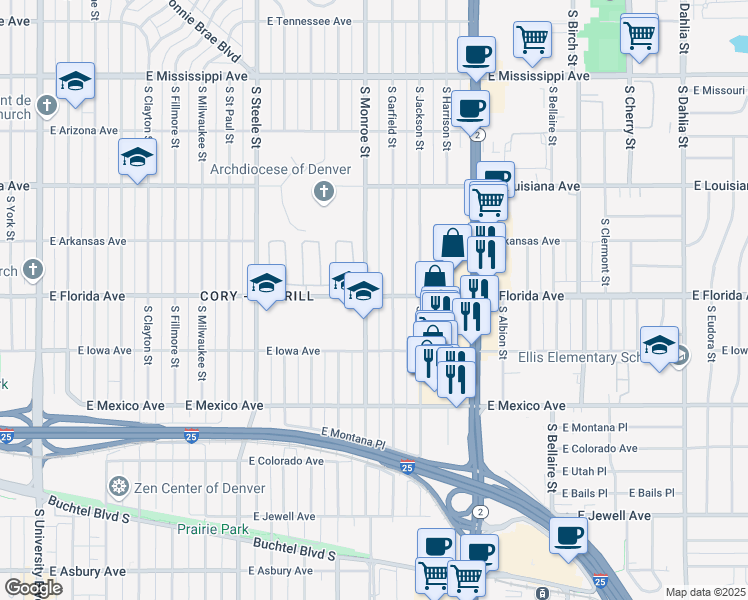 map of restaurants, bars, coffee shops, grocery stores, and more near 1545 South Garfield Street in Denver