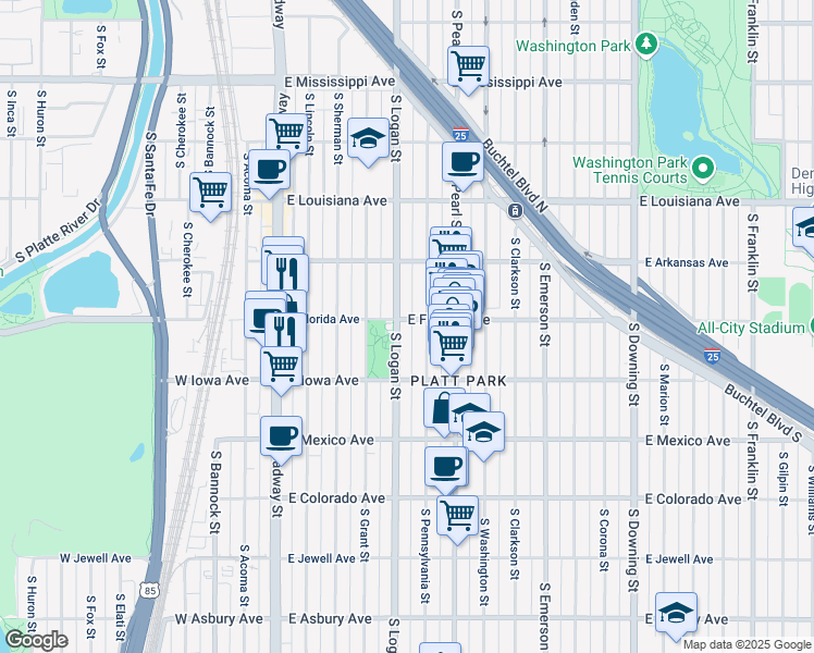 map of restaurants, bars, coffee shops, grocery stores, and more near 1545 South Pennsylvania Street in Denver