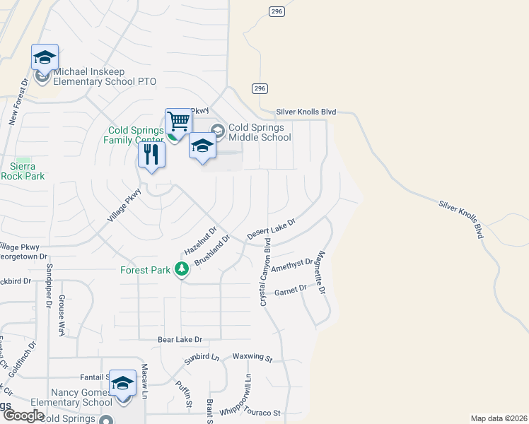 map of restaurants, bars, coffee shops, grocery stores, and more near 17511 Crystal Canyon Boulevard in Reno