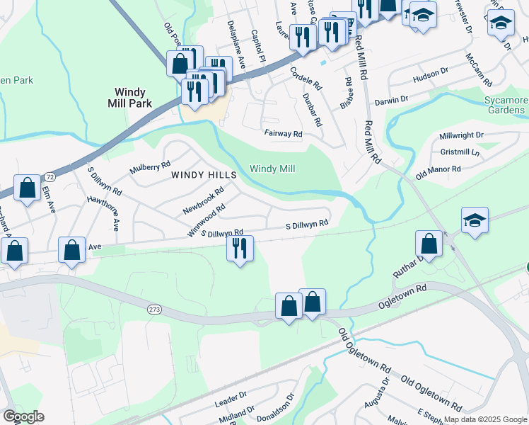map of restaurants, bars, coffee shops, grocery stores, and more near 232 South Dillwyn Road in Newark