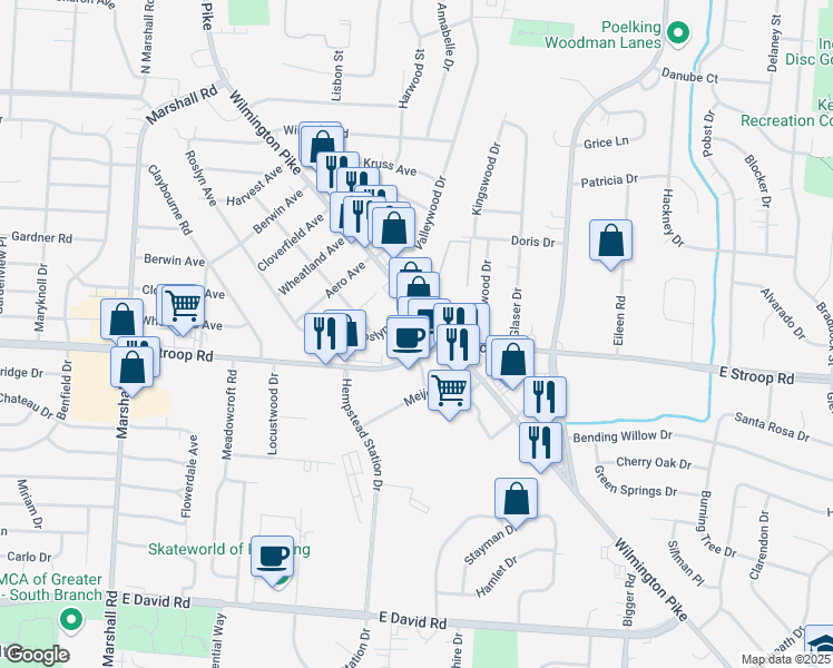 map of restaurants, bars, coffee shops, grocery stores, and more near 1801 East Stroop Road in Dayton