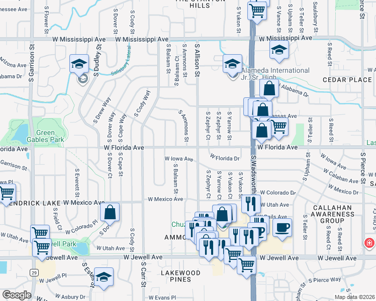 map of restaurants, bars, coffee shops, grocery stores, and more near 1602 South Ammons Street in Lakewood