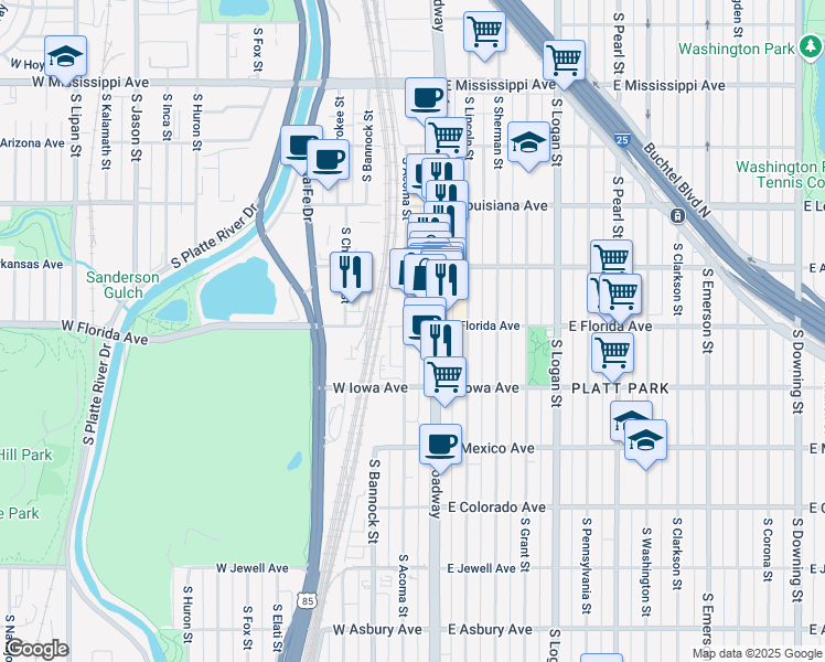 map of restaurants, bars, coffee shops, grocery stores, and more near 1451 South Broadway in Denver