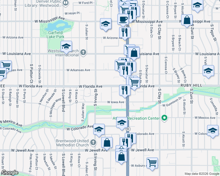 map of restaurants, bars, coffee shops, grocery stores, and more near 1505 South Hazel Court in Denver