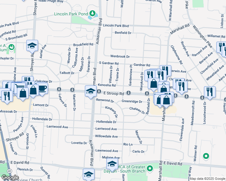 map of restaurants, bars, coffee shops, grocery stores, and more near 937 East Stroop Road in Dayton
