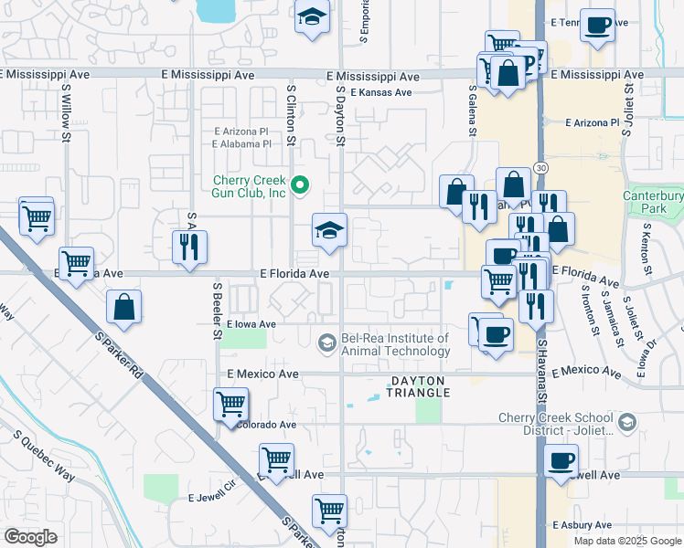 map of restaurants, bars, coffee shops, grocery stores, and more near Florida Ave & S Dayton St in Aurora