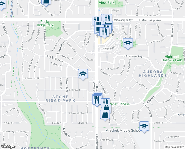 map of restaurants, bars, coffee shops, grocery stores, and more near 1494 South Olathe Way in Aurora