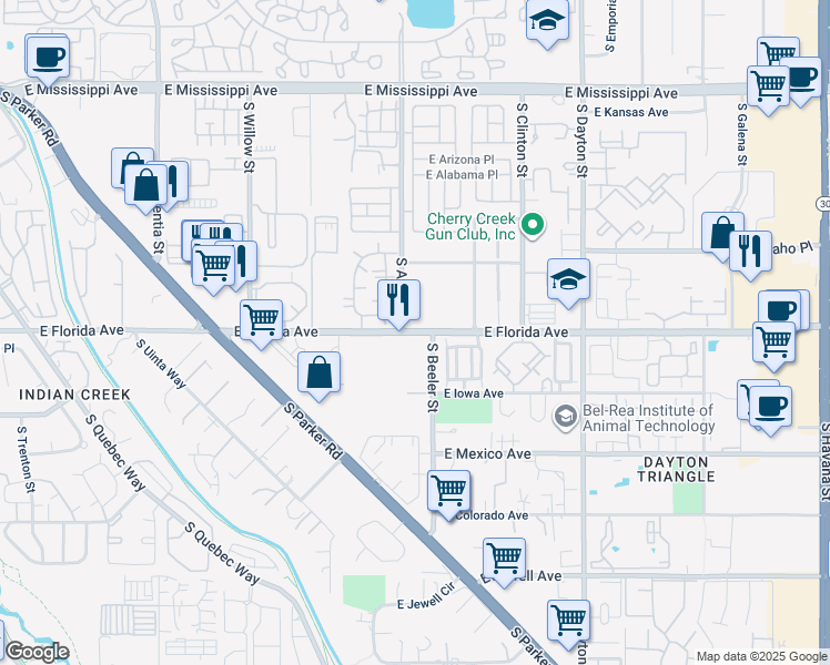 map of restaurants, bars, coffee shops, grocery stores, and more near 9095 East Florida Avenue in Denver