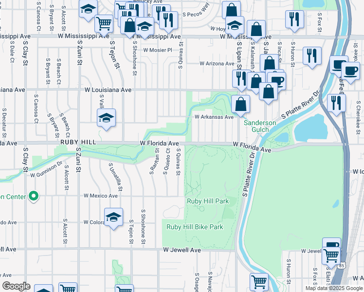 map of restaurants, bars, coffee shops, grocery stores, and more near 1400 South Pecos Street in Denver
