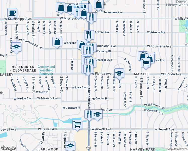 map of restaurants, bars, coffee shops, grocery stores, and more near 1490 South Sheridan Boulevard in Denver