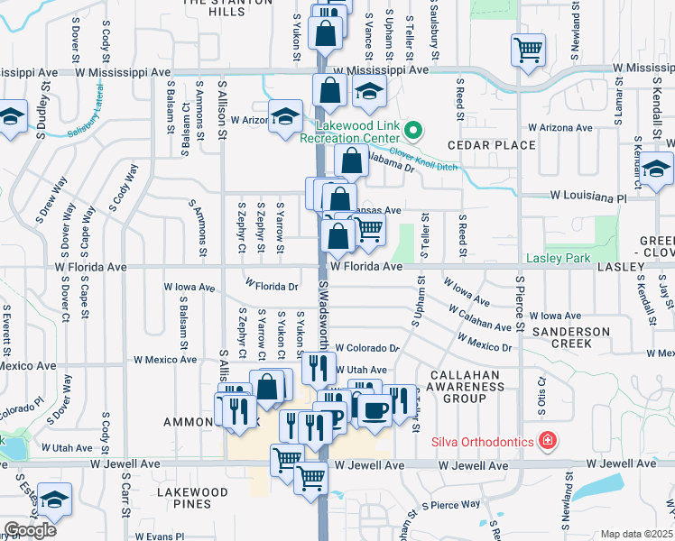 map of restaurants, bars, coffee shops, grocery stores, and more near 1466 South Wadsworth Boulevard in Denver