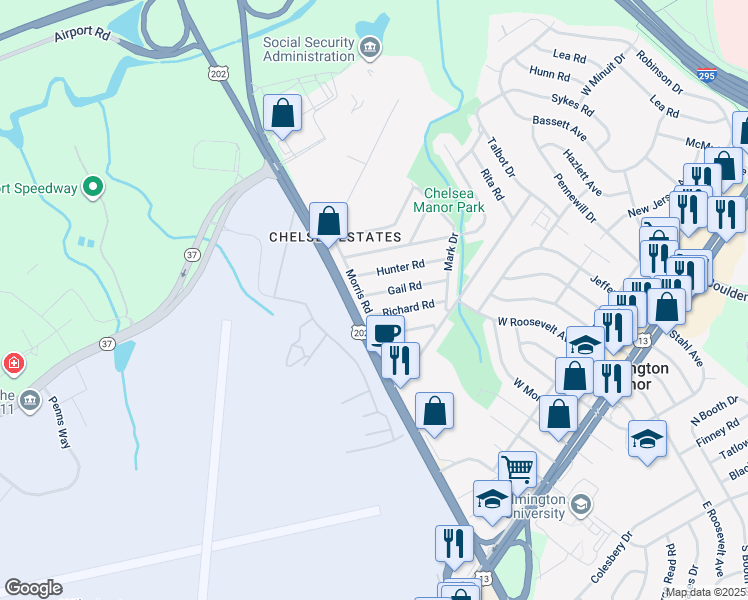 map of restaurants, bars, coffee shops, grocery stores, and more near 4 Gail Road in Wilmington Manor