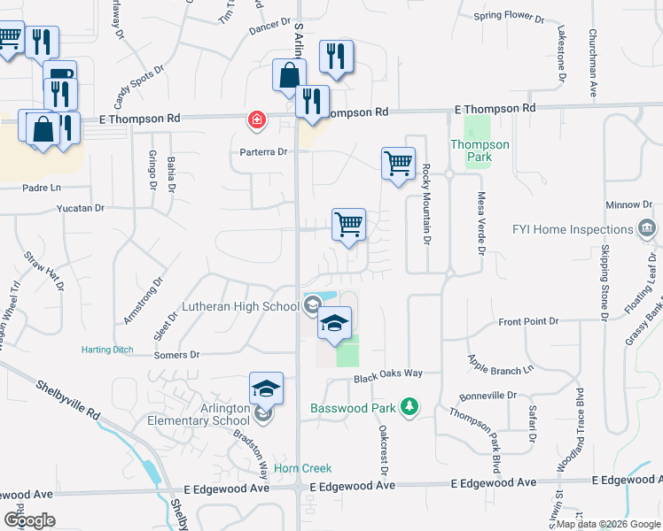 map of restaurants, bars, coffee shops, grocery stores, and more near 5332 Thornridge Place in Indianapolis