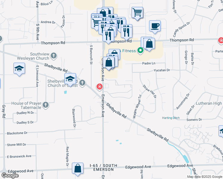 map of restaurants, bars, coffee shops, grocery stores, and more near 5319 South Emerson Avenue in Indianapolis