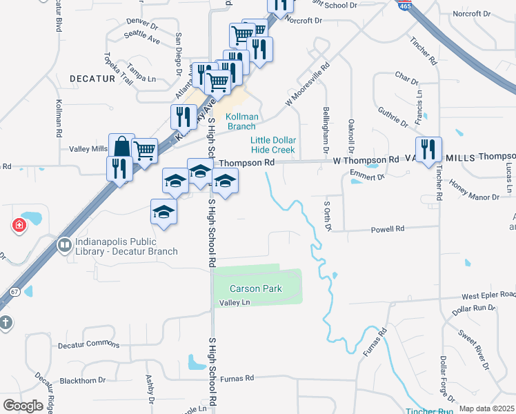 map of restaurants, bars, coffee shops, grocery stores, and more near 5039 South High School Road in Indianapolis