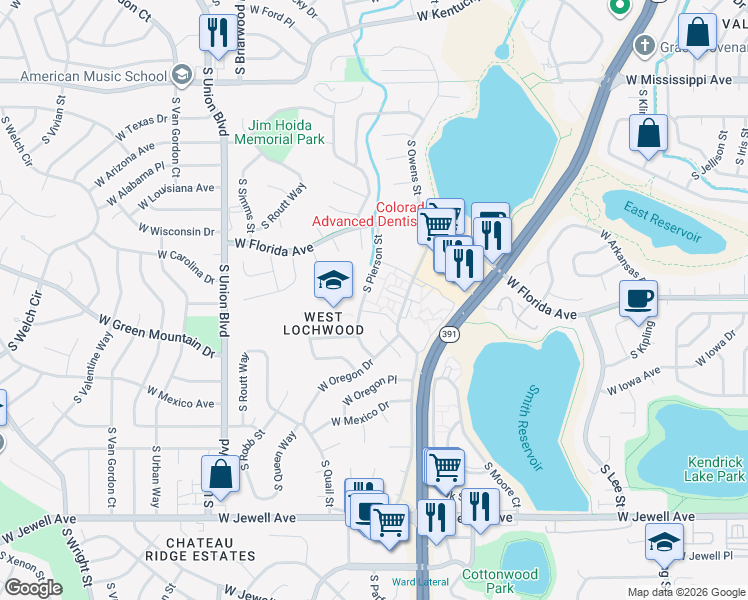 map of restaurants, bars, coffee shops, grocery stores, and more near 1496 South Pierson Street in Lakewood